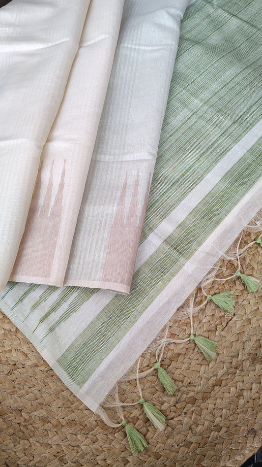 Ivory Temple border Linen silk saree - subtle and elegant  