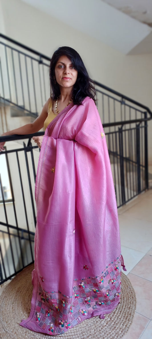 Crushed Tissue Silk Saree with Hand Embroidery –lilac pink Party Wear Saree