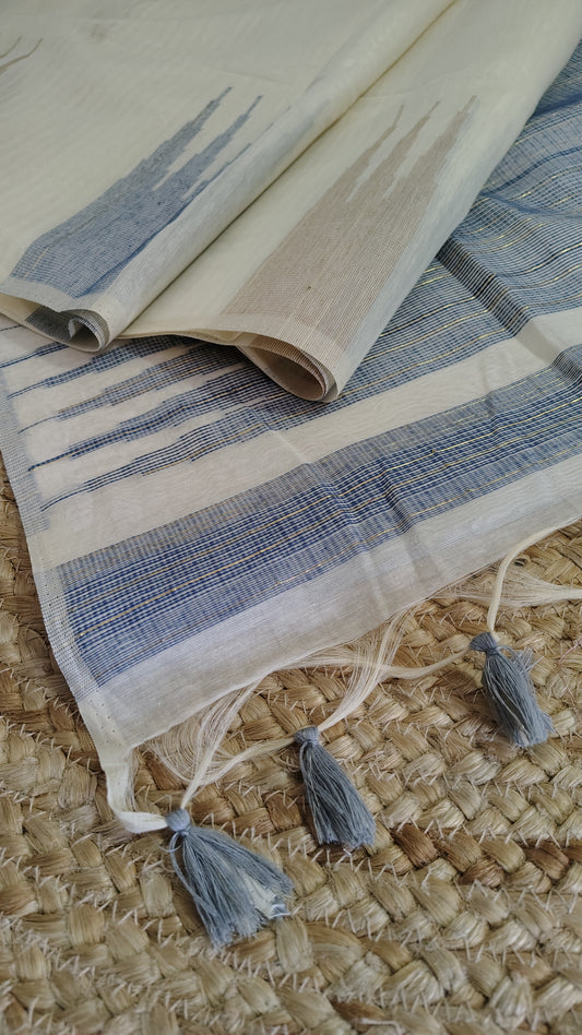Elegant Off-White Linen Silk Saree with Unique Temple Border and Pastel Green Blouse