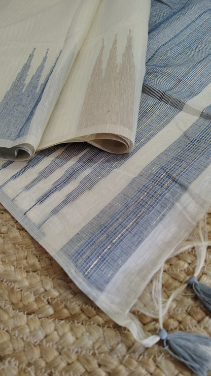 Elegant Off-White Linen Silk Saree with Unique Temple Border and Pastel Green Blouse
