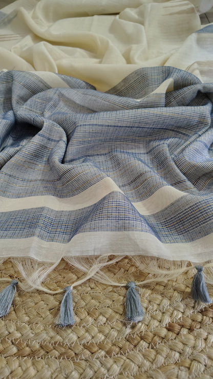 Elegant Off-White Linen Silk Saree with Unique Temple Border and Pastel Green Blouse