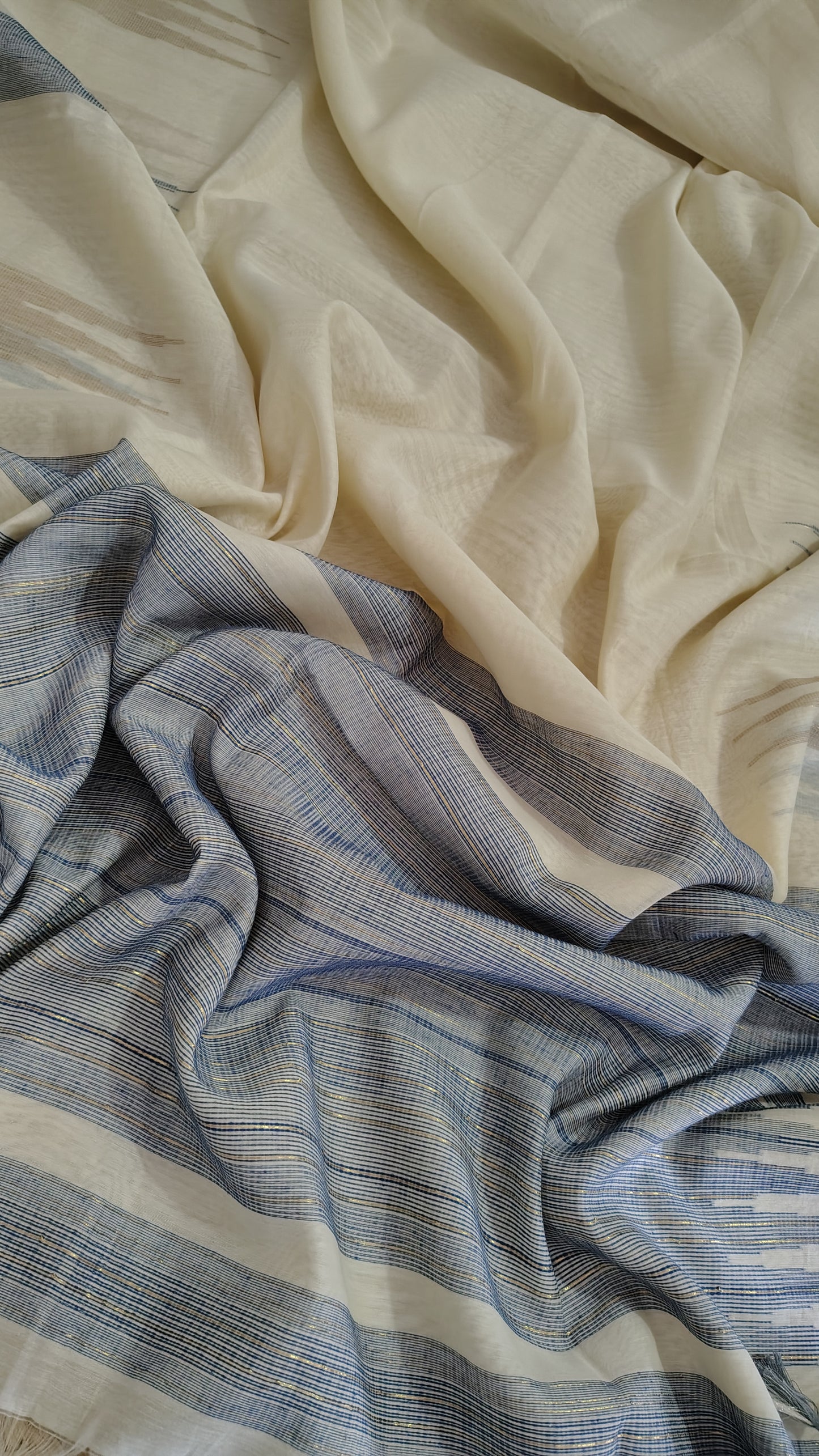 Elegant Off-White Linen Silk Saree with Unique Temple Border and Pastel Green Blouse