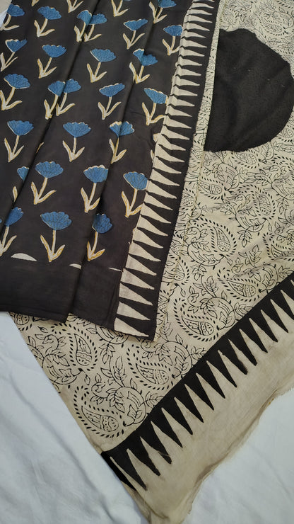 Ajrakh printed pure cotton saree | black and beige combo