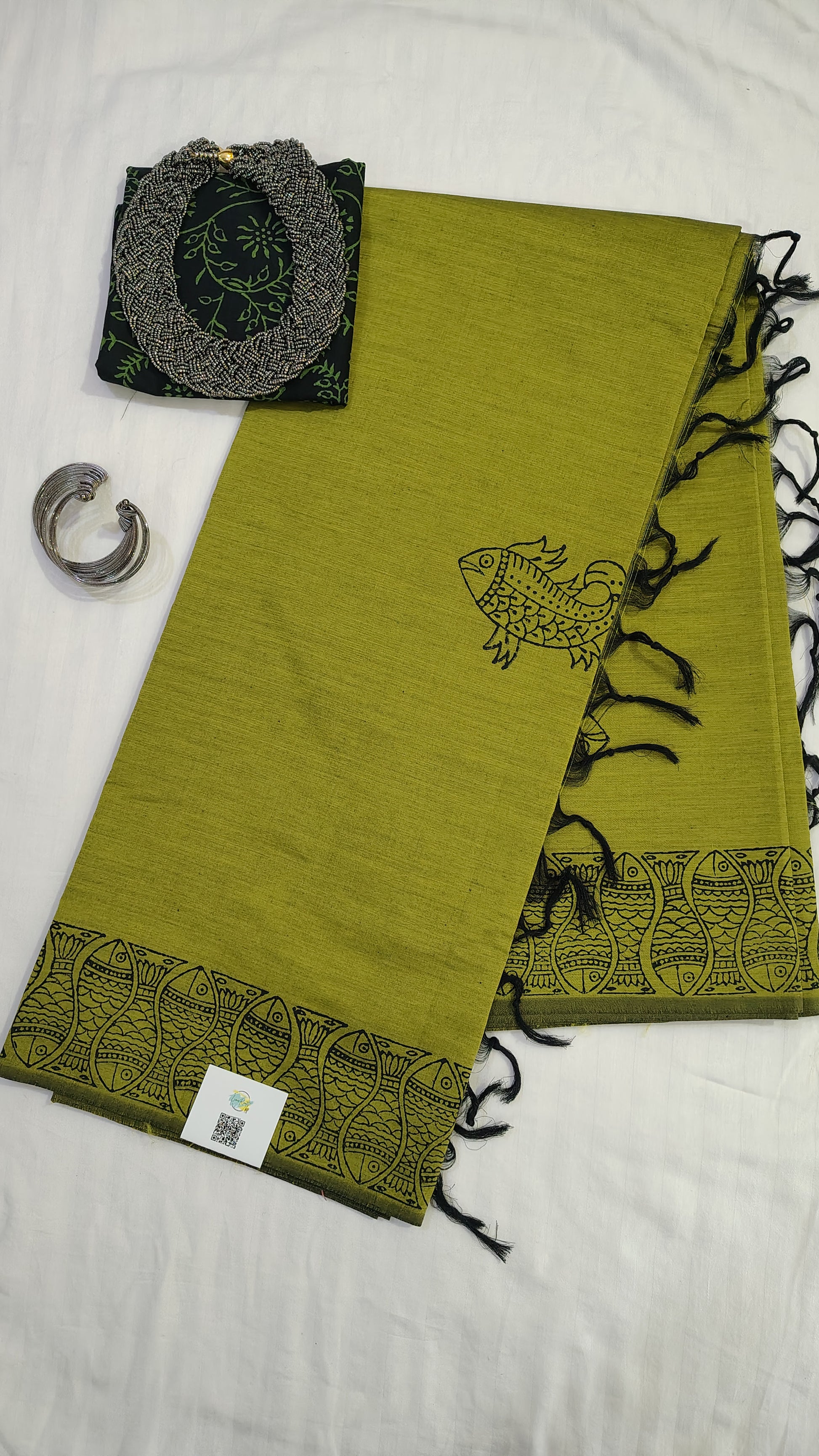 Green Cotton Silk Saree - Handblock fish motif