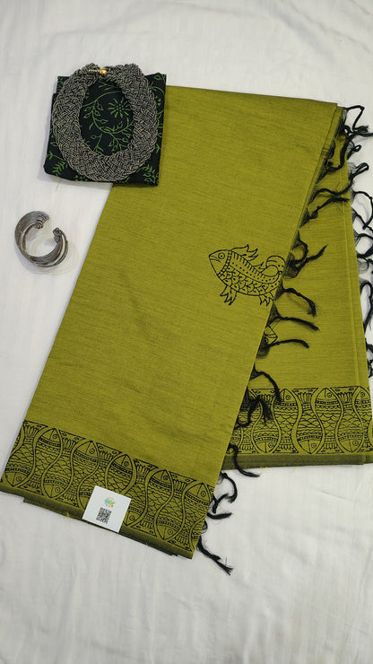 Green Cotton Silk Saree - Handblock fish motif