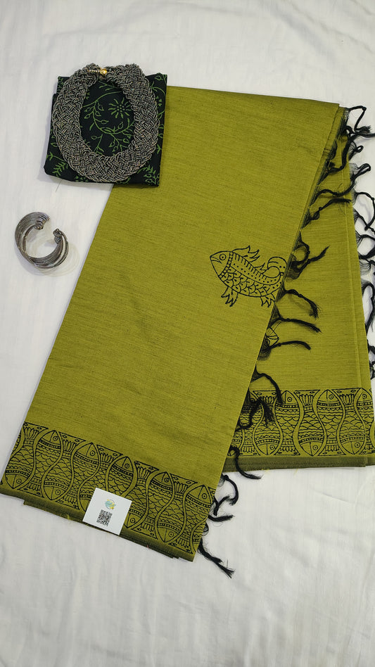 Green Cotton Silk Saree - Handblock fish motif