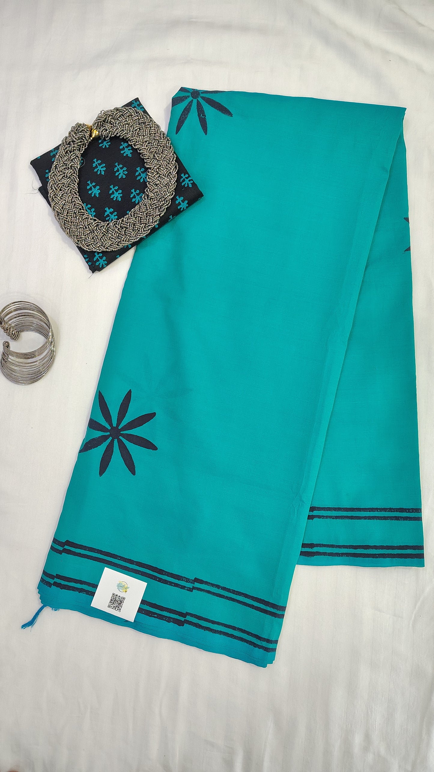 Blue South Cotton Saree | Floral Handblock printed 