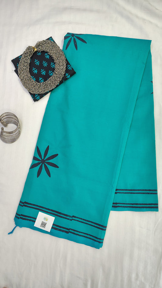 Blue South Cotton Saree | Floral Handblock printed 