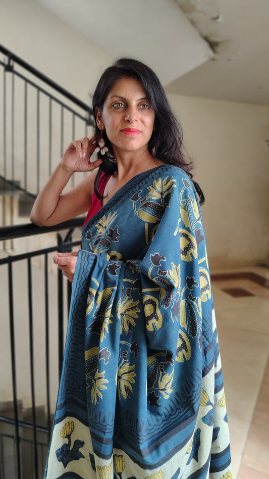 Mul cotton Handblock | blue saree