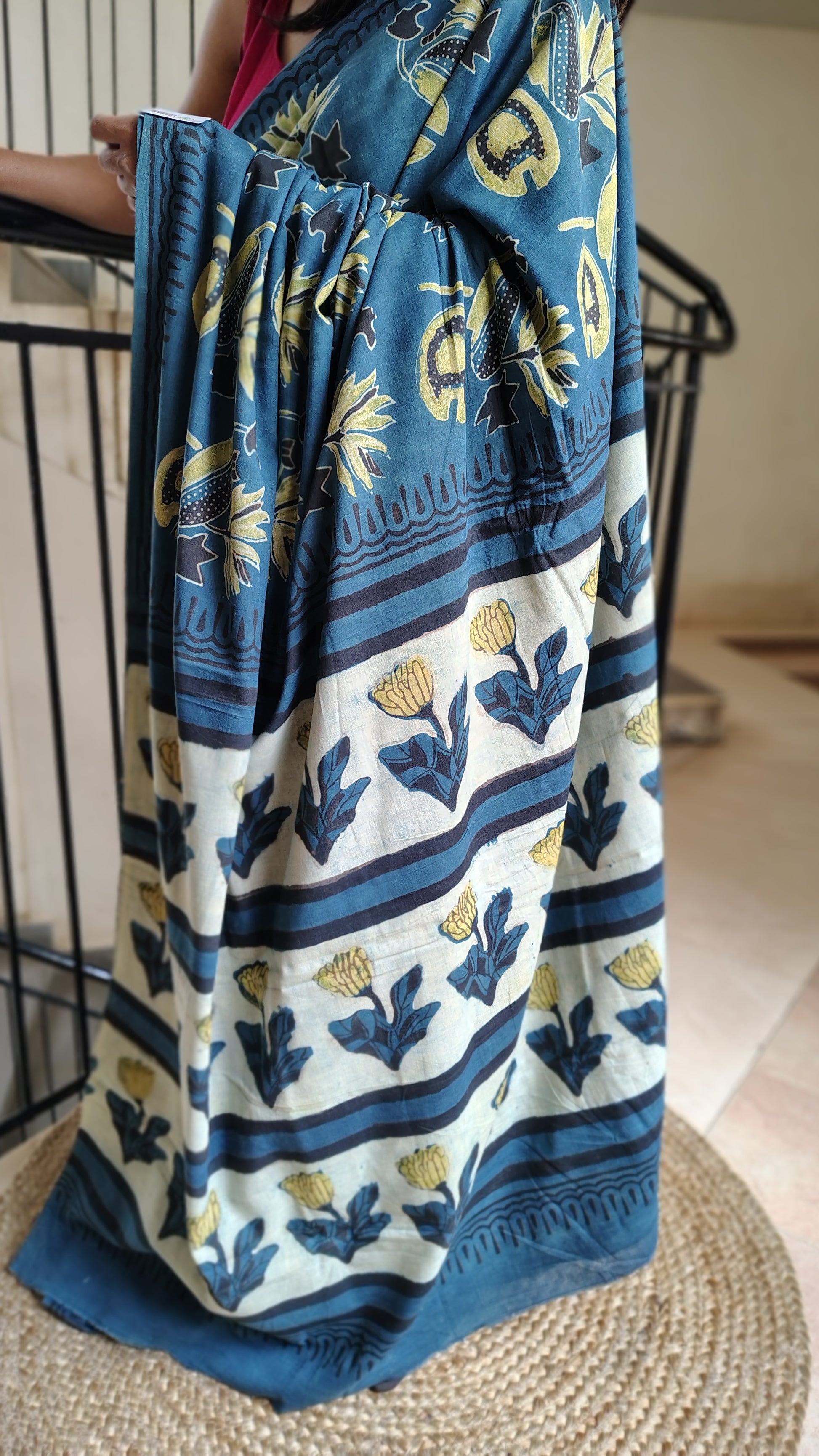Pallu view of blue Hand block printed Saree