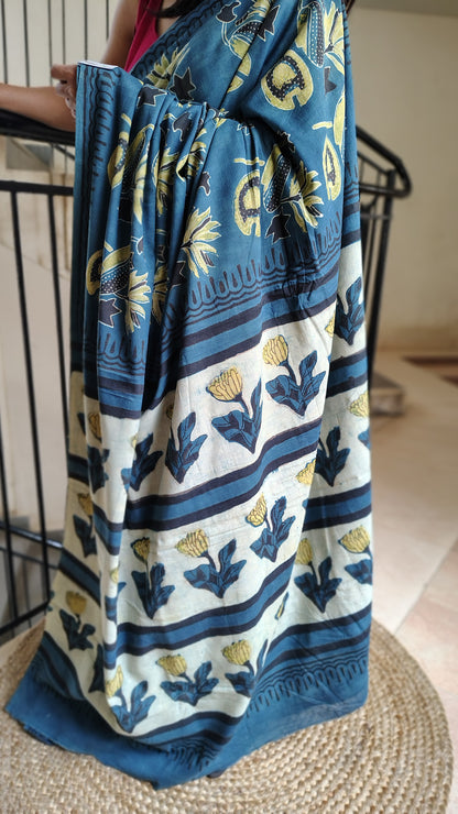 Pallu view of blue Hand block printed Saree