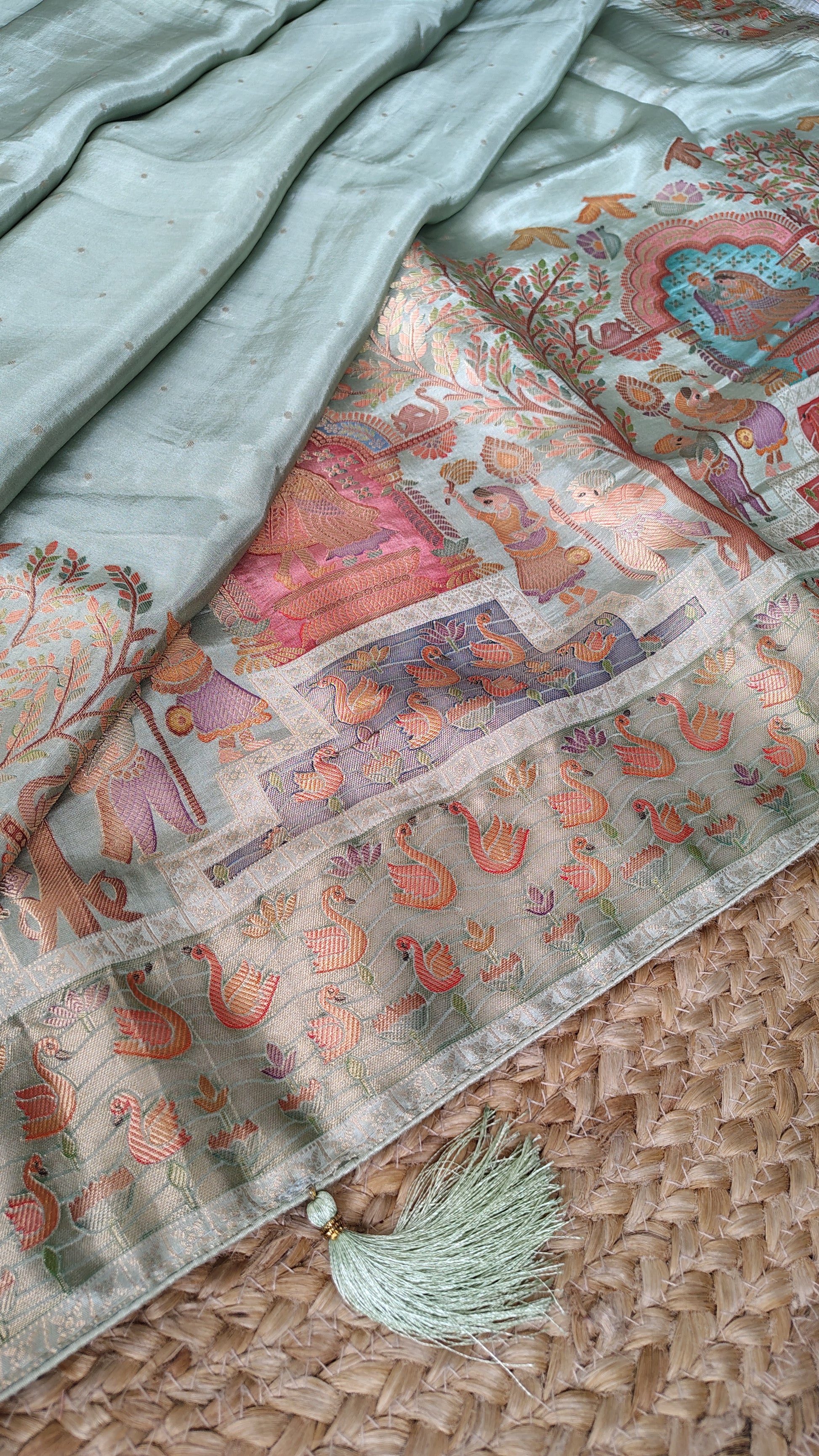 Pastel Banarasi silk saree pallu look