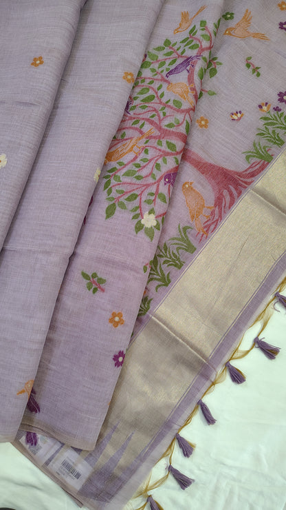 Pastel Linen Silk Saree with Bird Weave – Subtle, Lightweight Elegance