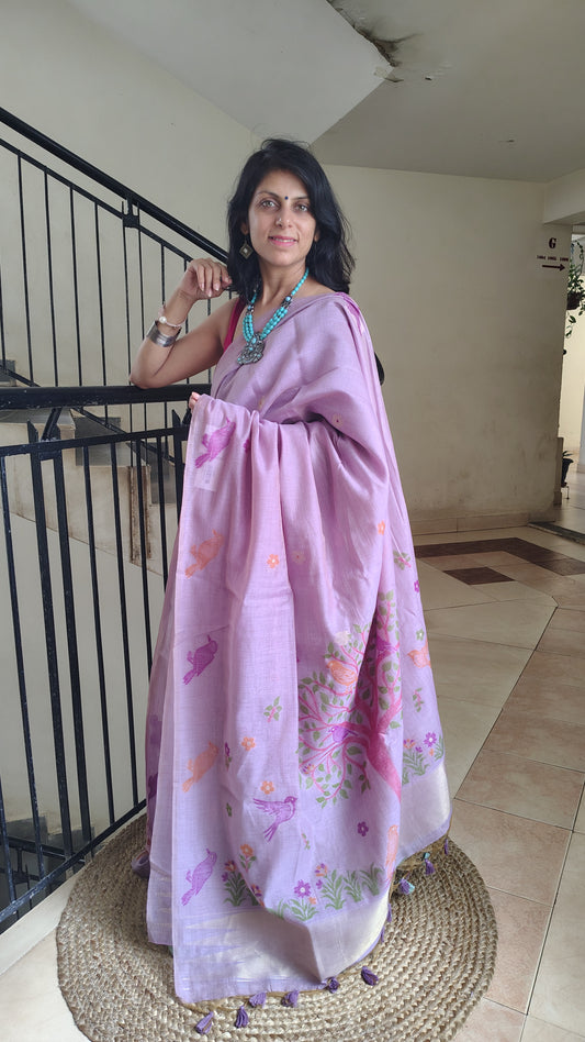 Pastel Linen Silk Saree with Bird Weave – Subtle, Lightweight Elegance