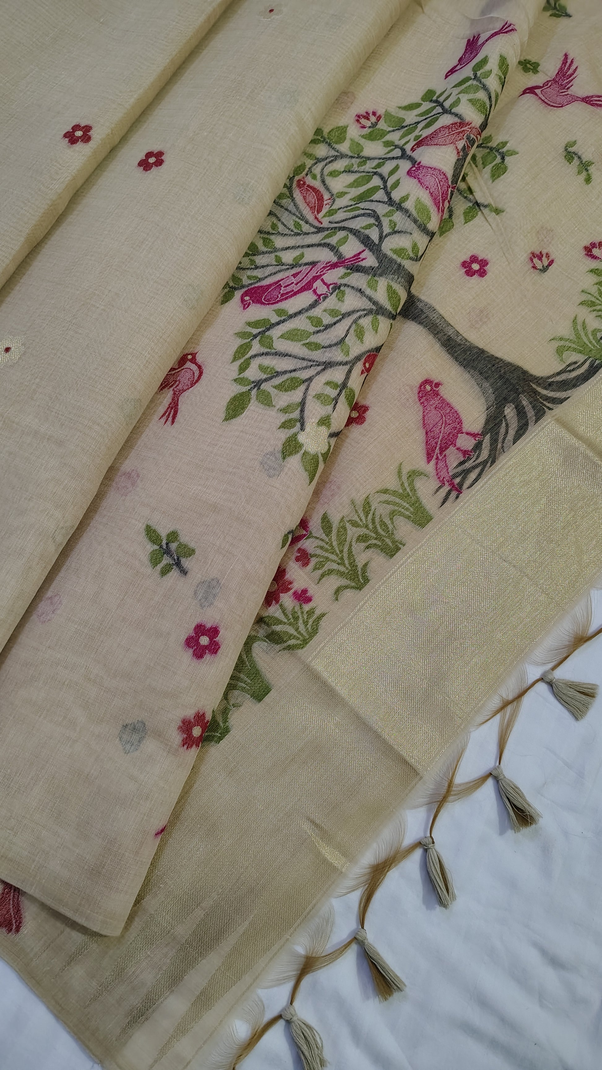 saree with tree of life design and bird weave on pallu