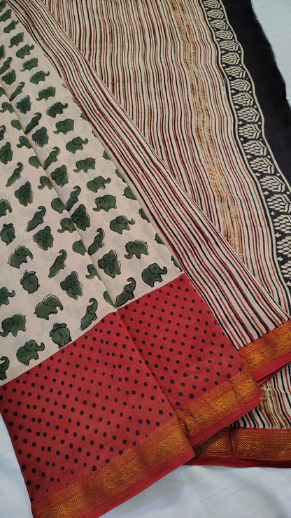 Handblock Printed Maheshwari Silk Saree – Lightweight, Traditional Elegance