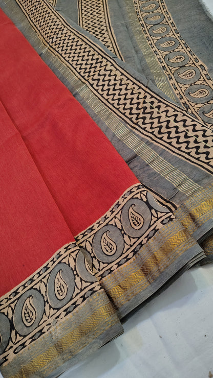 Handblock Printed Maheshwari Silk Saree – Lightweight, Traditional Elegance