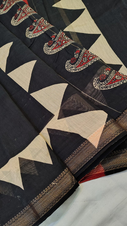 Handblock Printed Maheshwari Silk Saree – Lightweight, Traditional Elegance