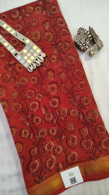 Handblock Printed Maheshwari Silk Saree – Lightweight, Traditional Elegance