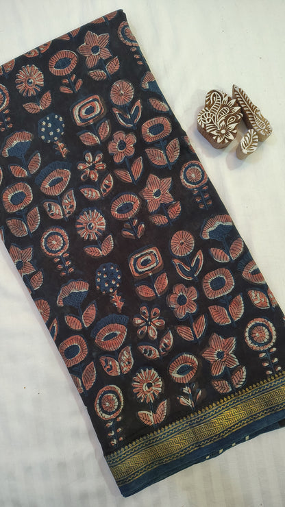 Handblock Printed Maheshwari Silk Saree – Lightweight, Traditional Elegance