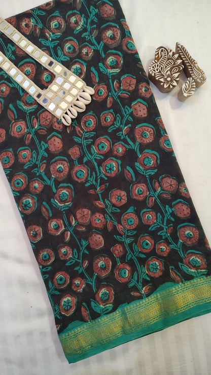 Handblock Printed Maheshwari Silk Saree – Lightweight, Traditional Elegance