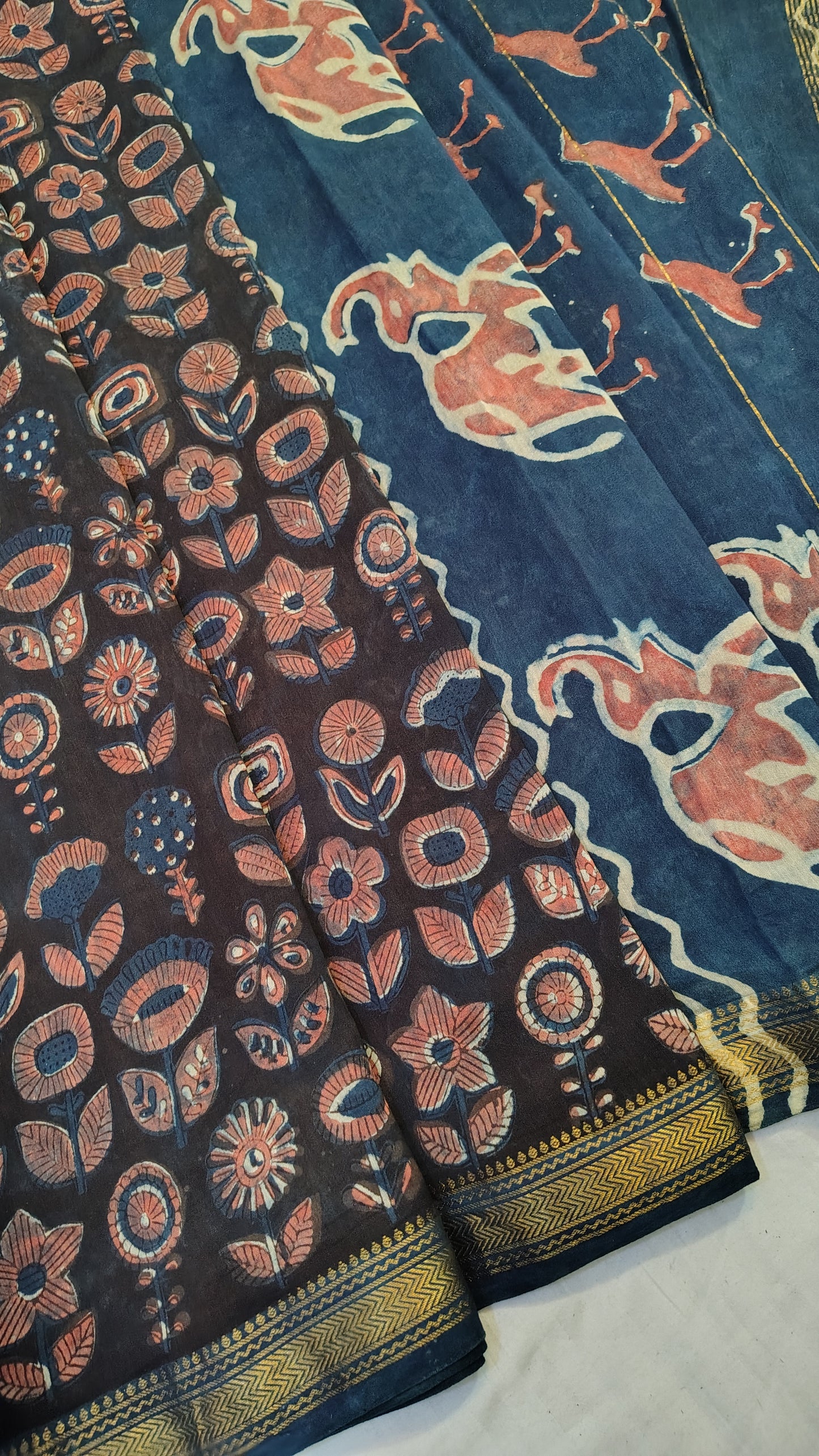 Handblock Printed Maheshwari Silk Saree – Lightweight, Traditional Elegance