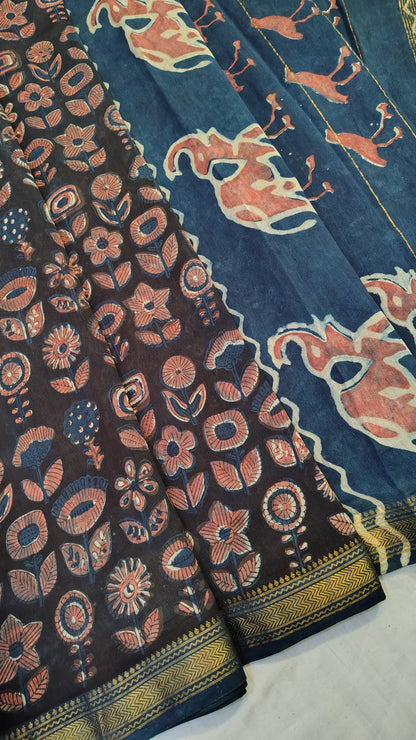 Handblock Printed Maheshwari Silk Saree – Lightweight, Traditional Elegance