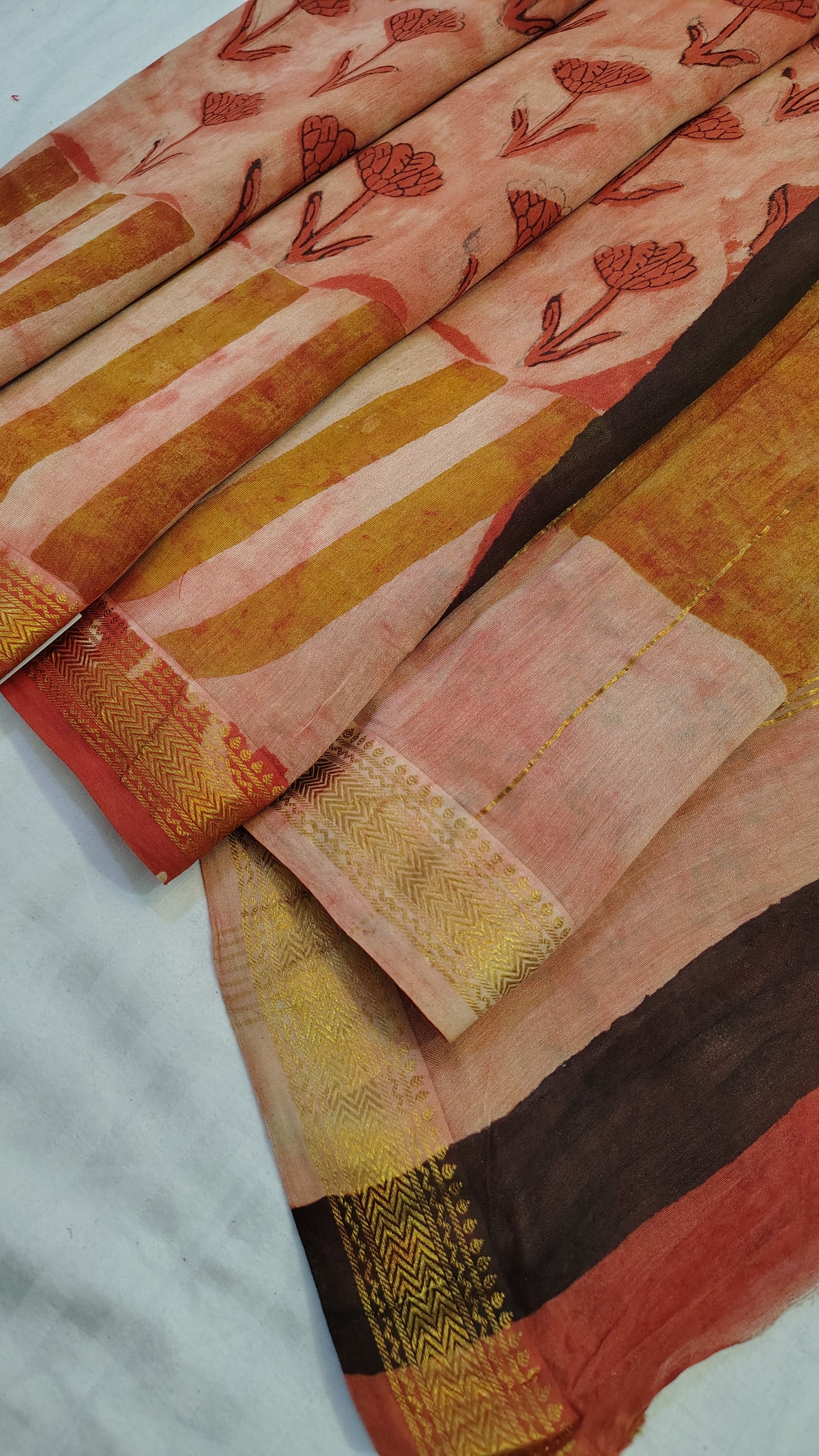 Handblock Printed Maheshwari Silk Saree – Lightweight, Traditional Elegance