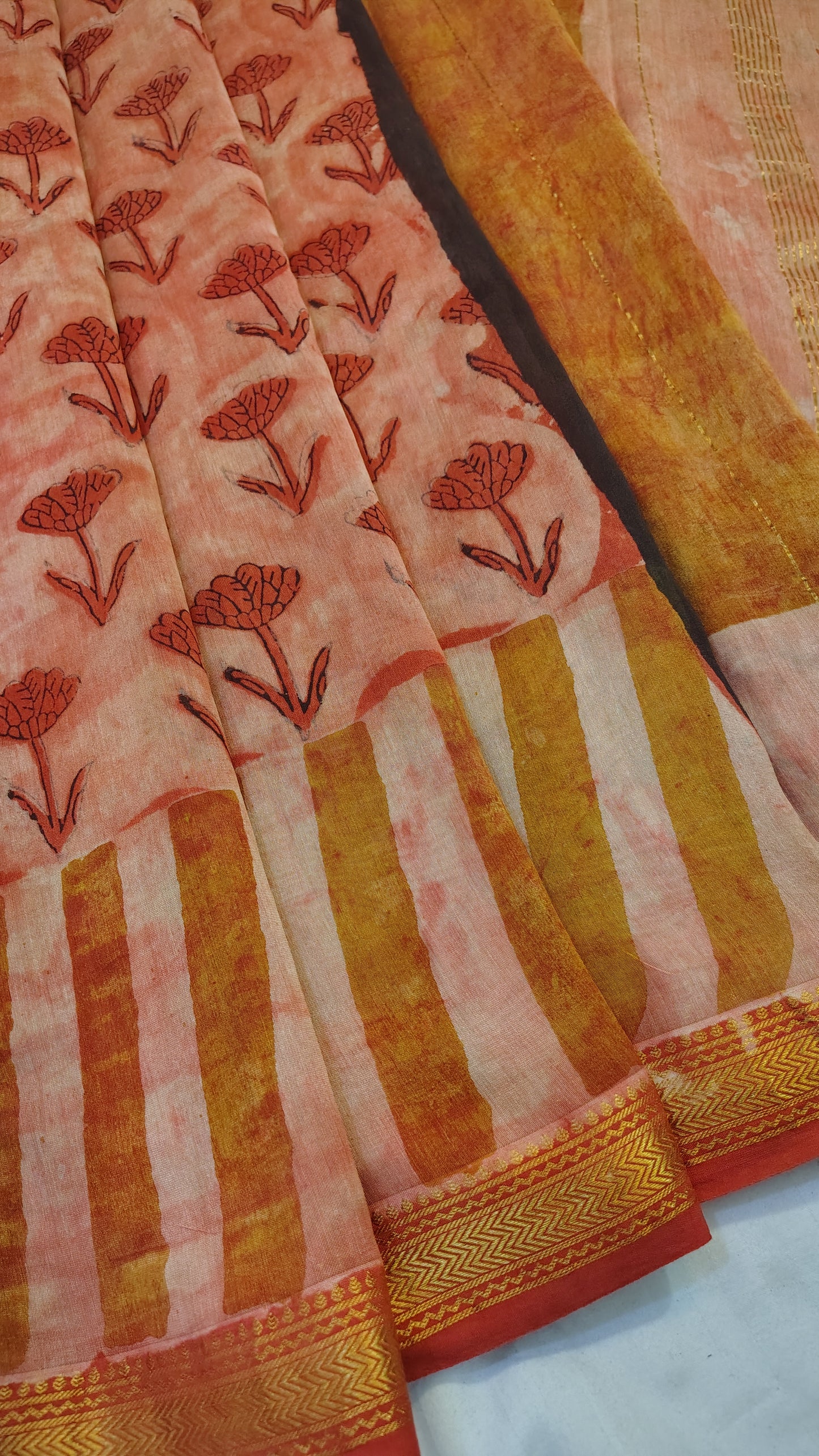 Handblock Printed Maheshwari Silk Saree – Lightweight, Traditional Elegance