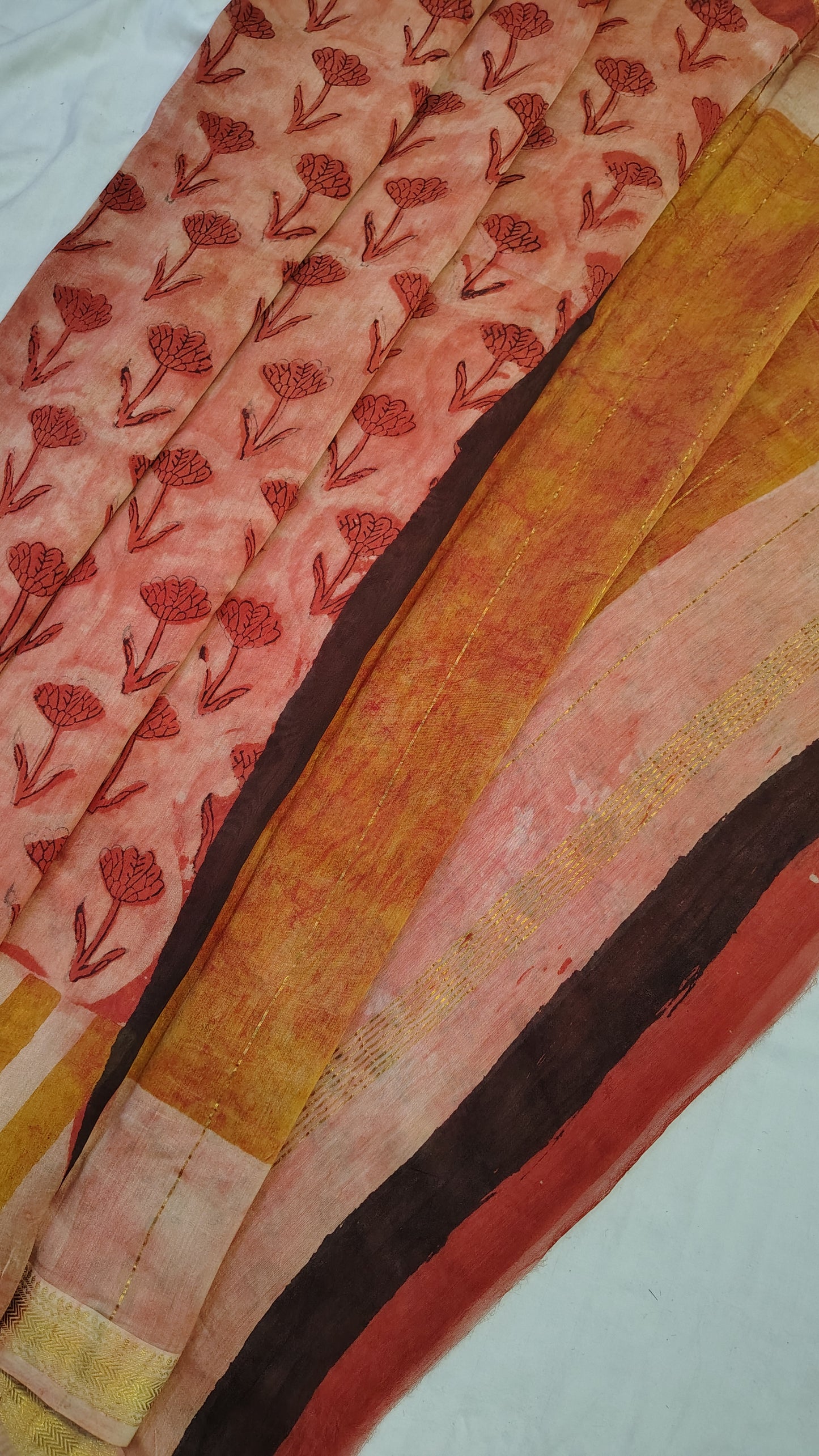 Handblock Printed Maheshwari Silk Saree – Lightweight, Traditional Elegance