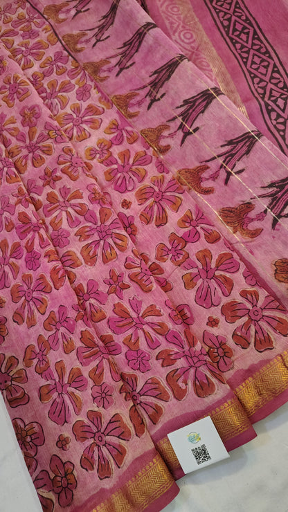 Handblock Printed Maheshwari Silk Saree – Lightweight, Traditional Elegance