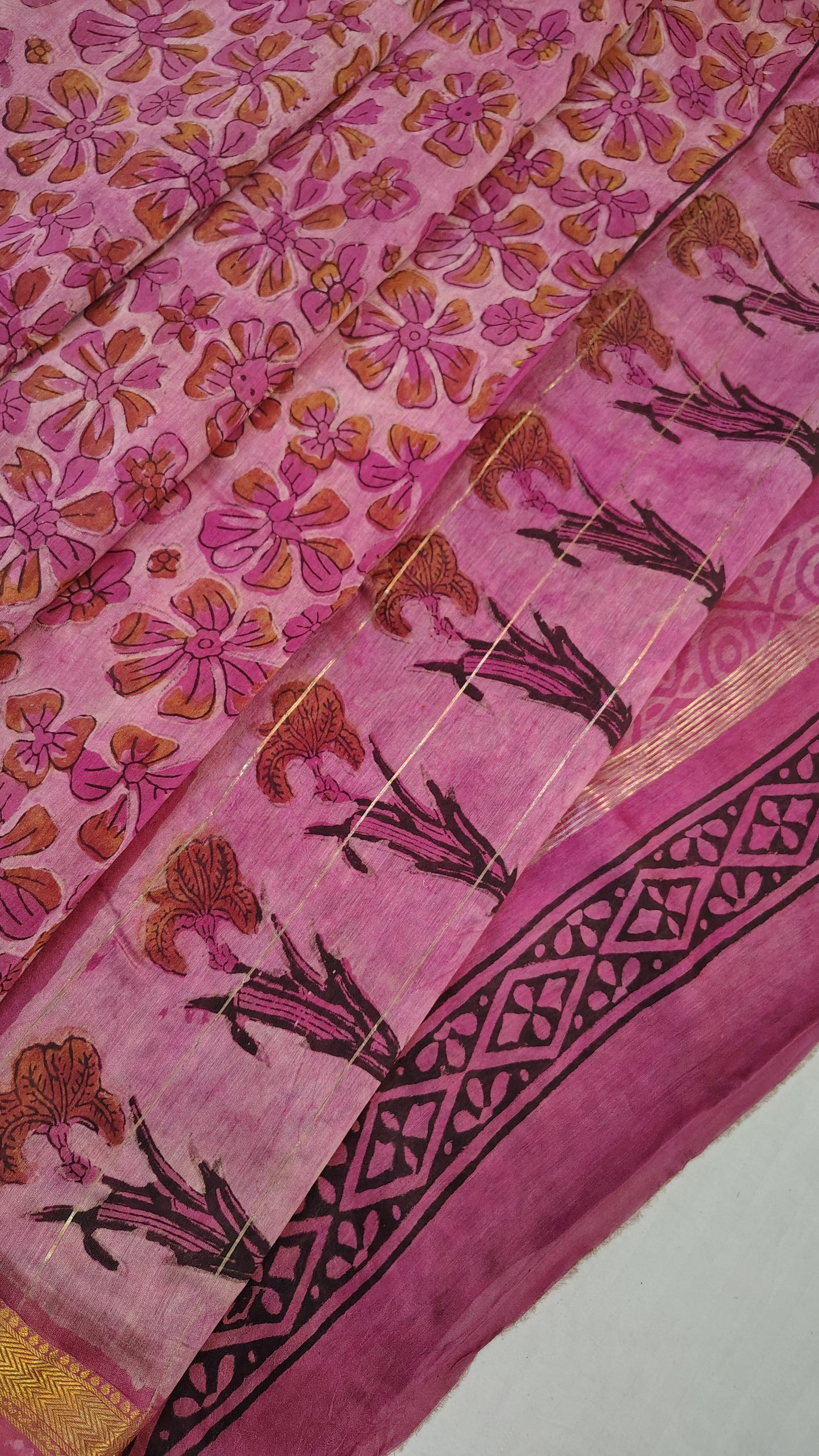 Handblock Printed Maheshwari Silk Saree – Lightweight, Traditional Elegance