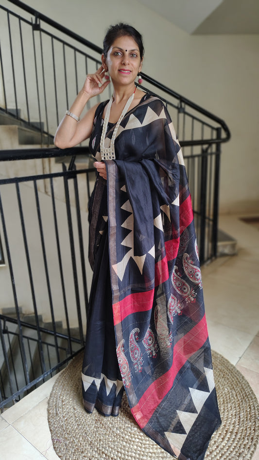 Handblock Printed Maheshwari Silk Saree – Lightweight, Traditional Elegance