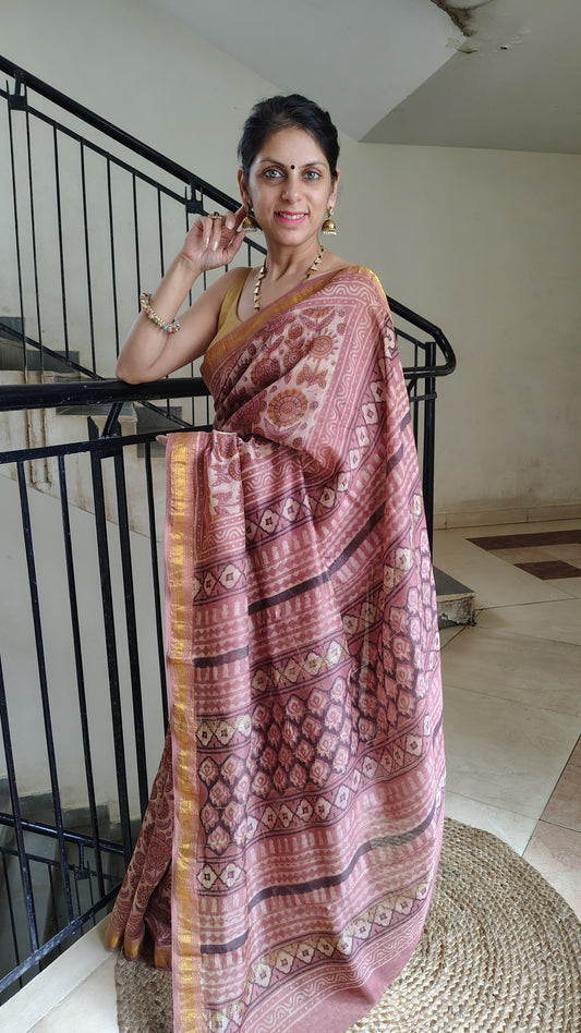 Handblock Printed Maheshwari Silk Saree – Lightweight, Traditional Elegance