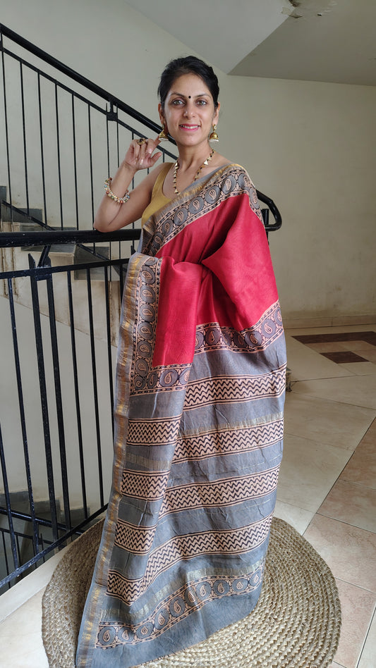 Handblock Printed Maheshwari Silk Saree – Lightweight, Traditional Elegance