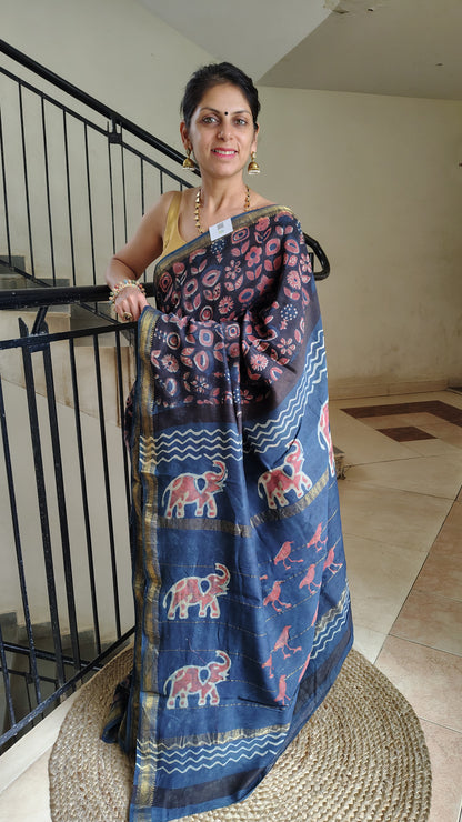 Handblock Printed Maheshwari Silk Saree – Lightweight, Traditional Elegance