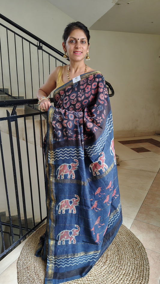 Handblock Printed Maheshwari Silk Saree – Lightweight, Traditional Elegance