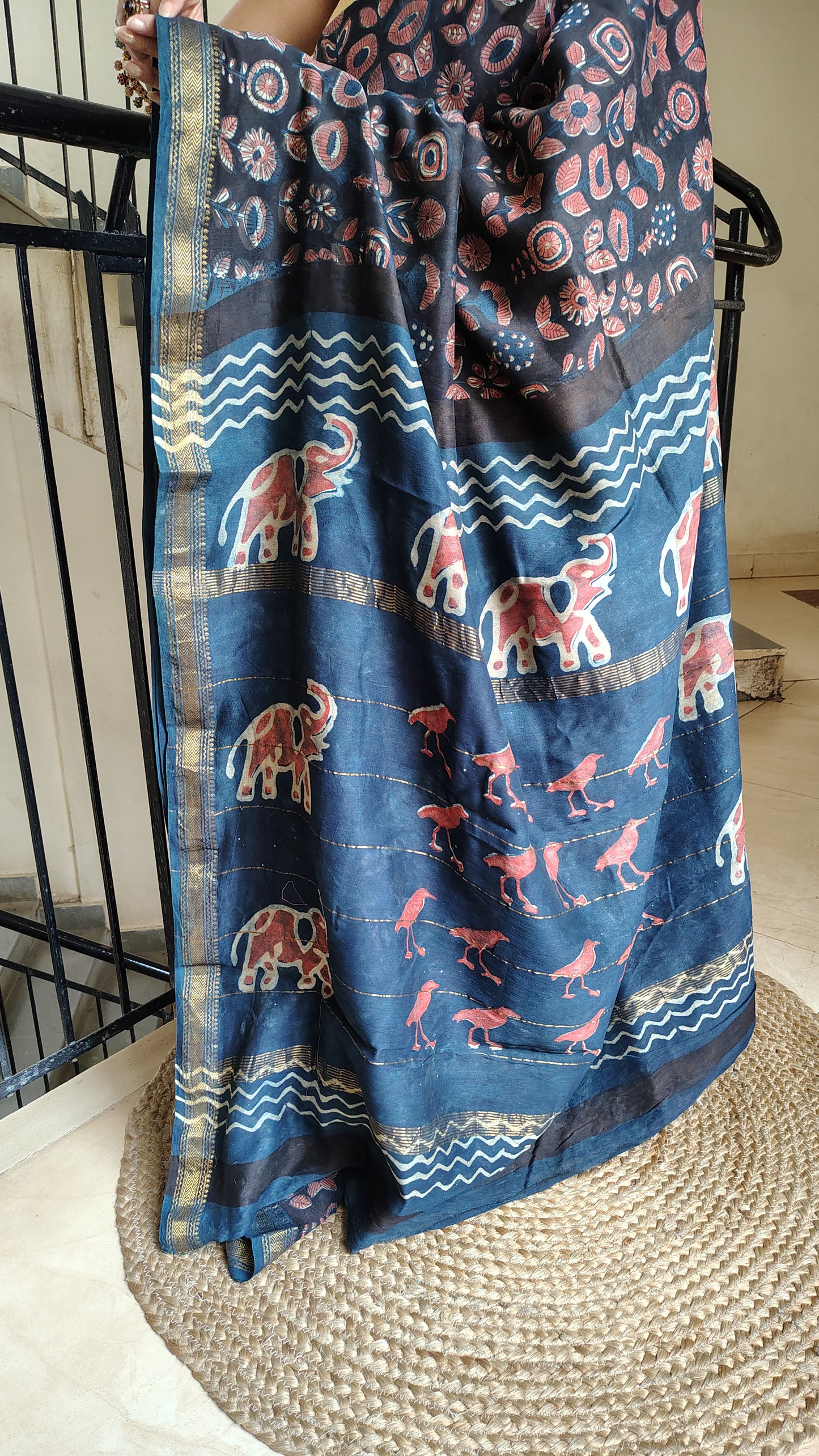 Handblock Printed Maheshwari Silk Saree – Lightweight, Traditional Elegance