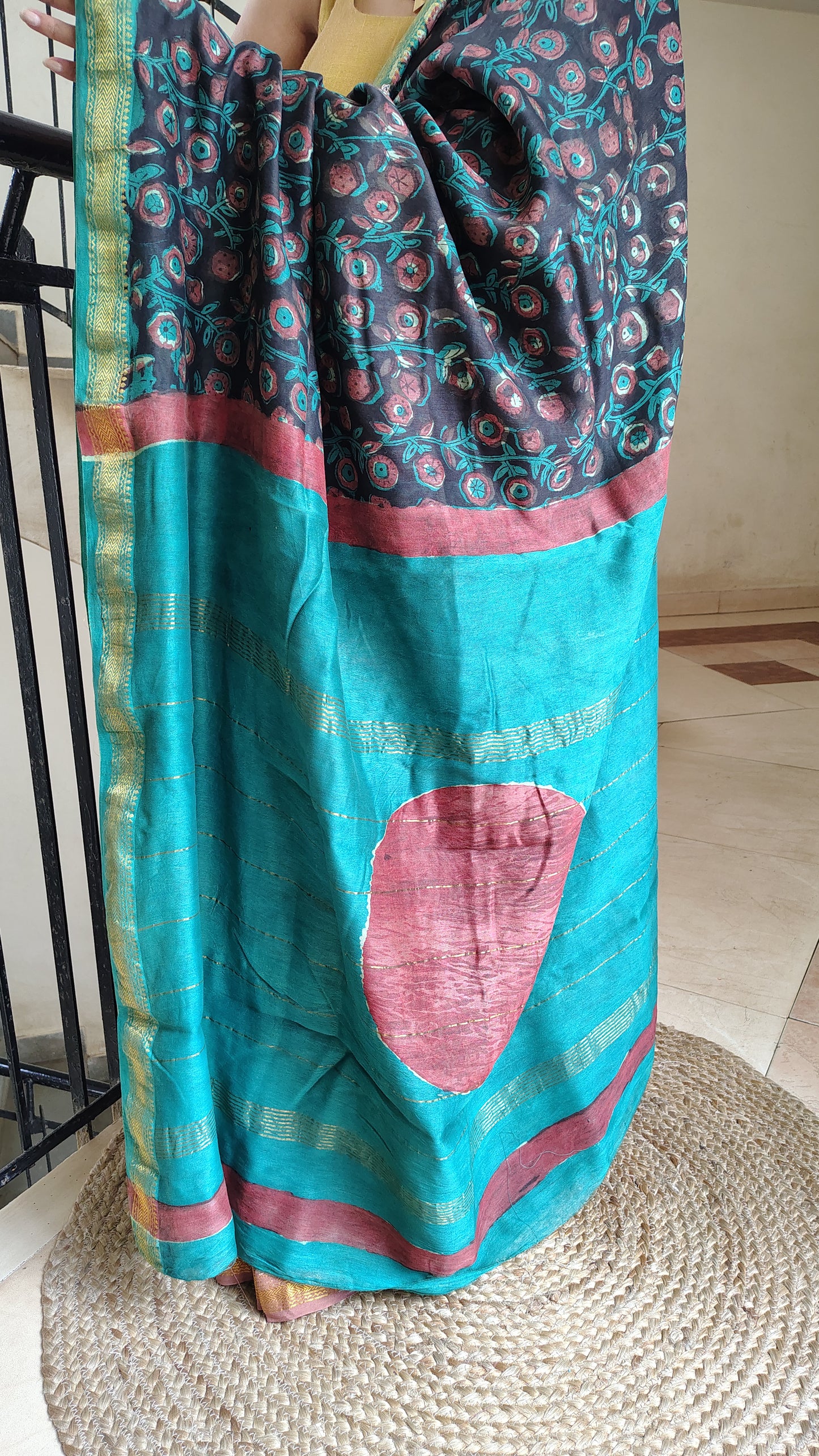 Handblock Printed Maheshwari Silk Saree – Lightweight, Traditional Elegance