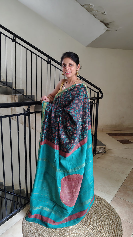 Handblock Printed Maheshwari Silk Saree – Lightweight, Traditional Elegance