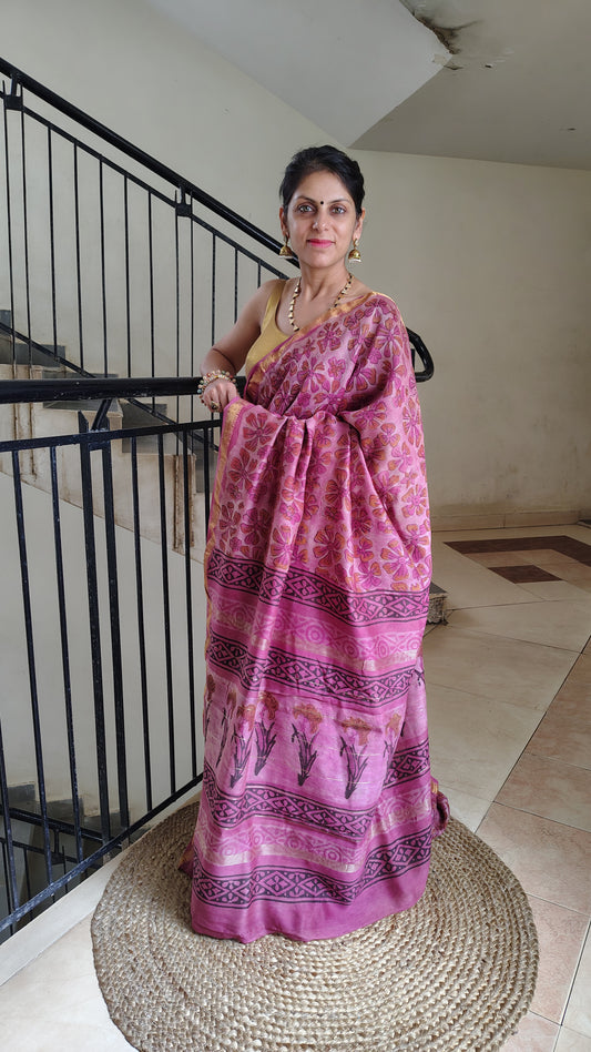 Handblock Printed Maheshwari Silk Saree – Lightweight, Traditional Elegance