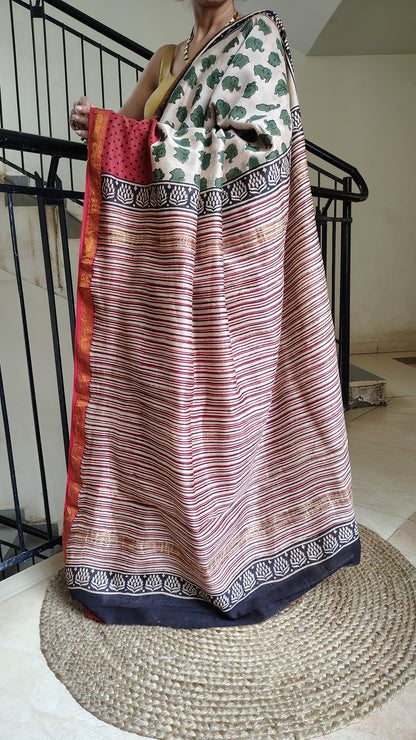 Handblock Printed Maheshwari Silk Saree – Lightweight, Traditional Elegance