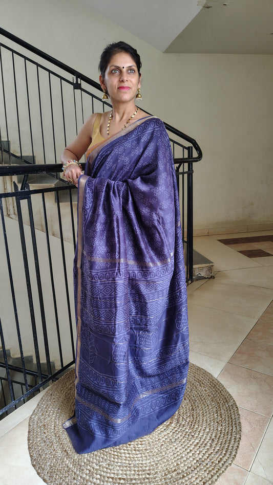 Handblock Printed Maheshwari Silk Saree – Lightweight, Traditional Elegance