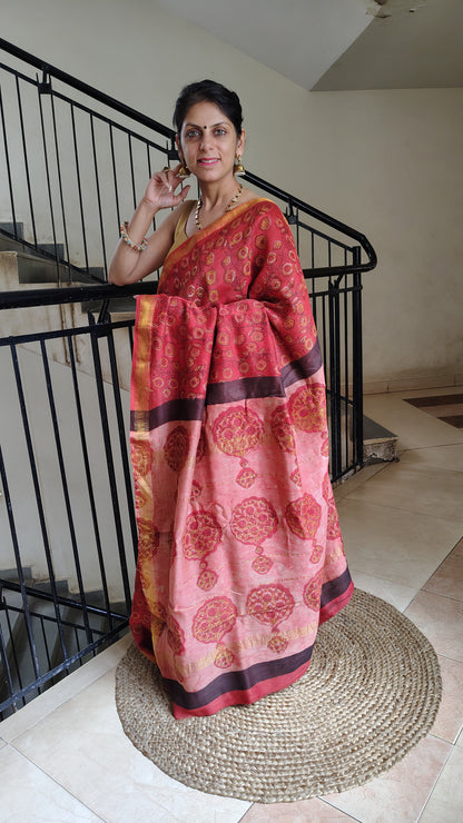 Handblock Printed Maheshwari Silk Saree – Lightweight, Traditional Elegance