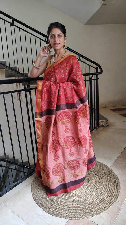 Handblock Printed Maheshwari Silk Saree – Lightweight, Traditional Elegance