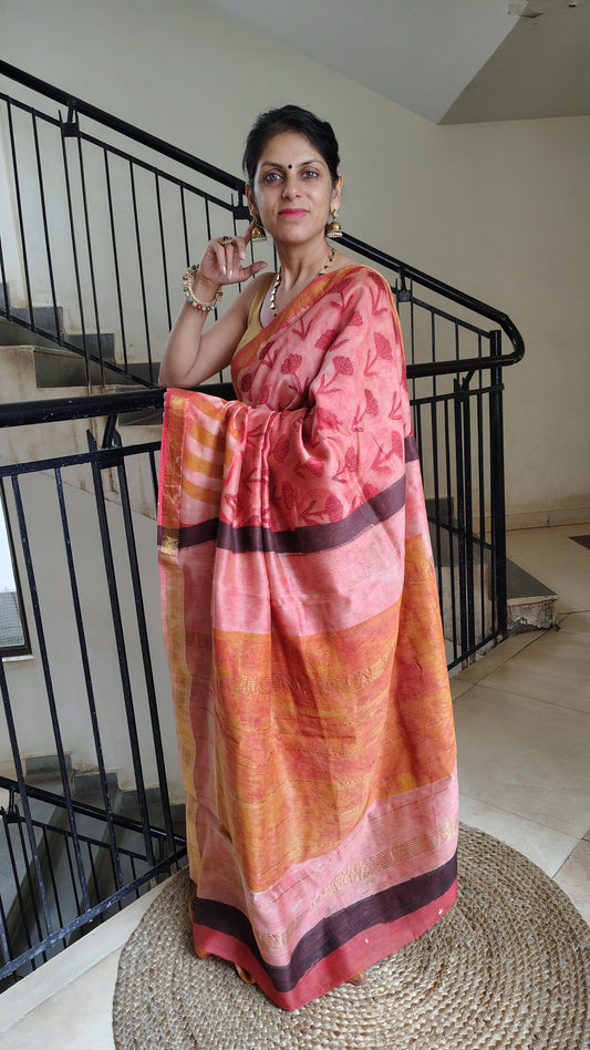 Handblock Printed Maheshwari Silk Saree – Lightweight, Traditional Elegance