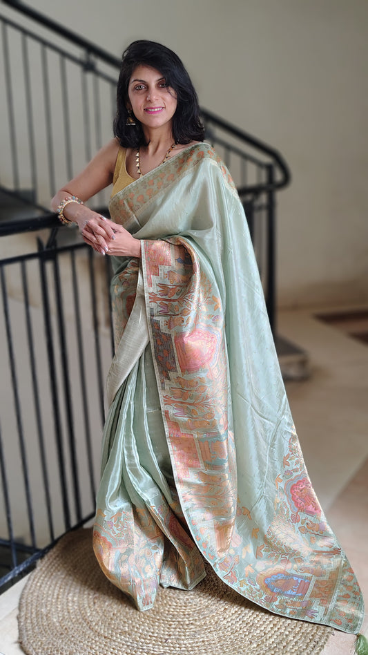 Metallic green Banarasi Tissue Silk Saree with Figure Weaves