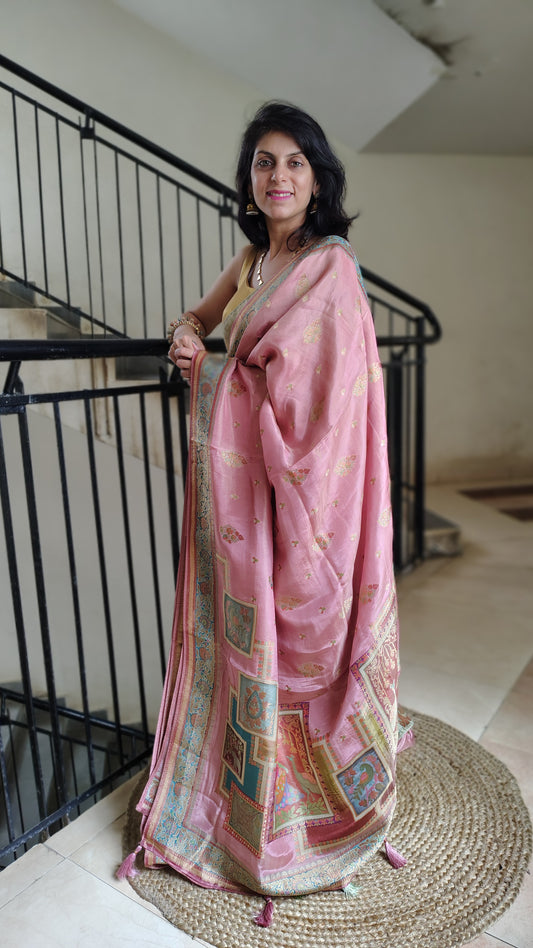 Metallic Pink Banarasi Tissue Silk Saree with Figure Weaves