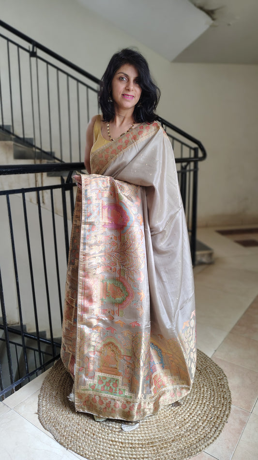 Metallic grey Banarasi Tissue Silk Saree with Figure Weaves