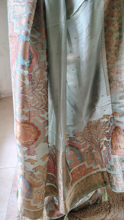 Metallic green Banarasi Tissue Silk Saree with Figure Weaves